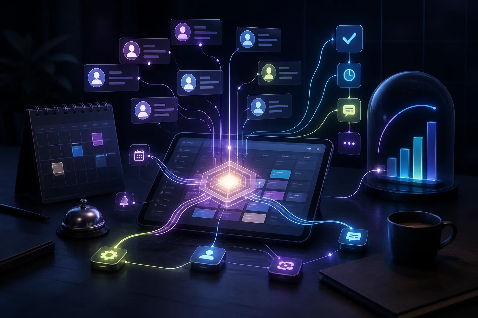 Иллюстрация CRM, объединяющей клиентские данные, онлайн-запись, автоматизацию и аналитику